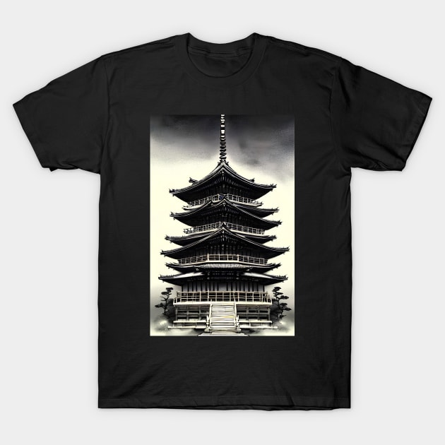 Japanese pagoda temple ink painting T-Shirt by Ravenglow